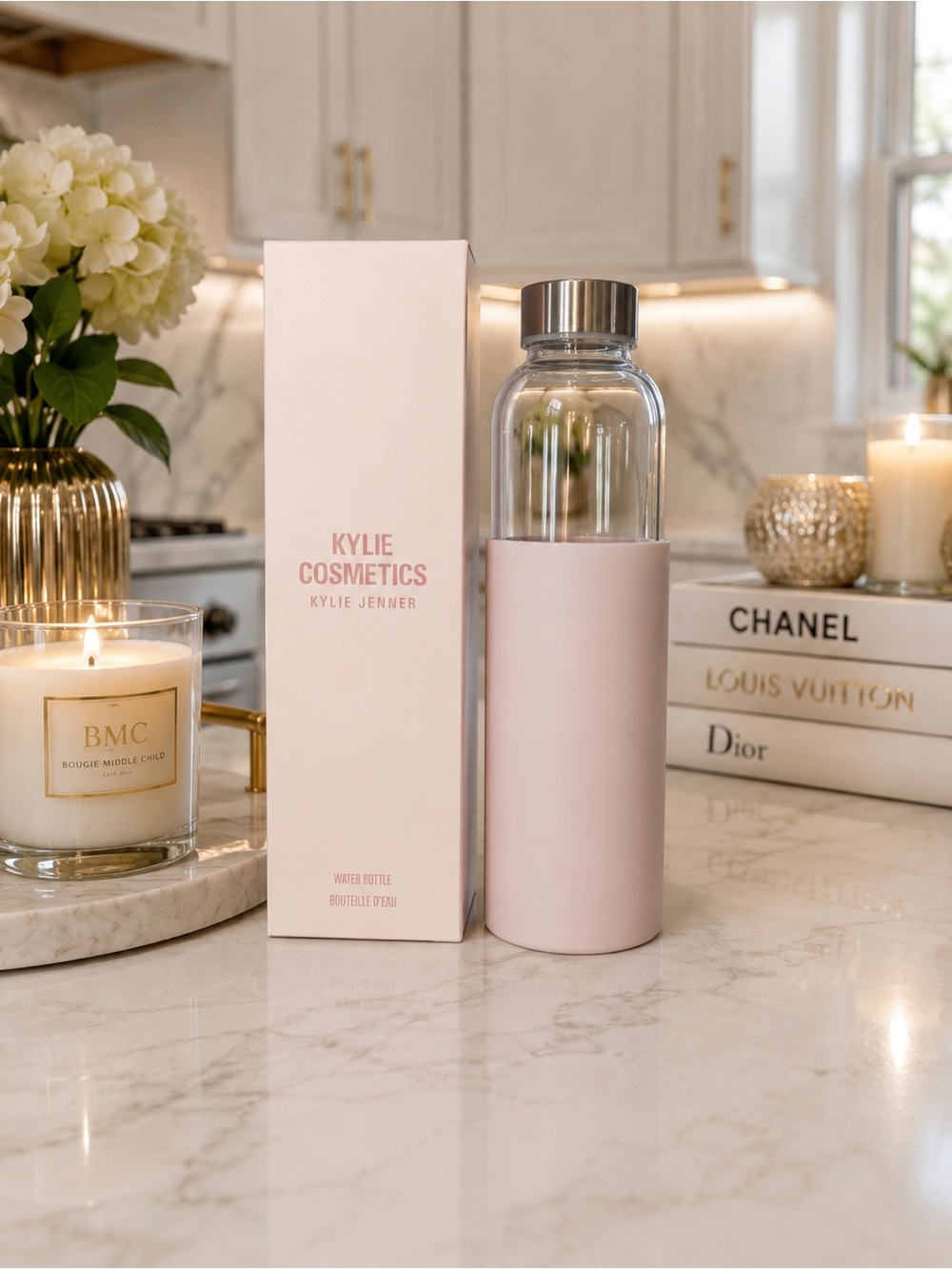 Kylie Cosmetics Pink Glass Water Bottle with Silicone Sleeve 16 oz 🎀